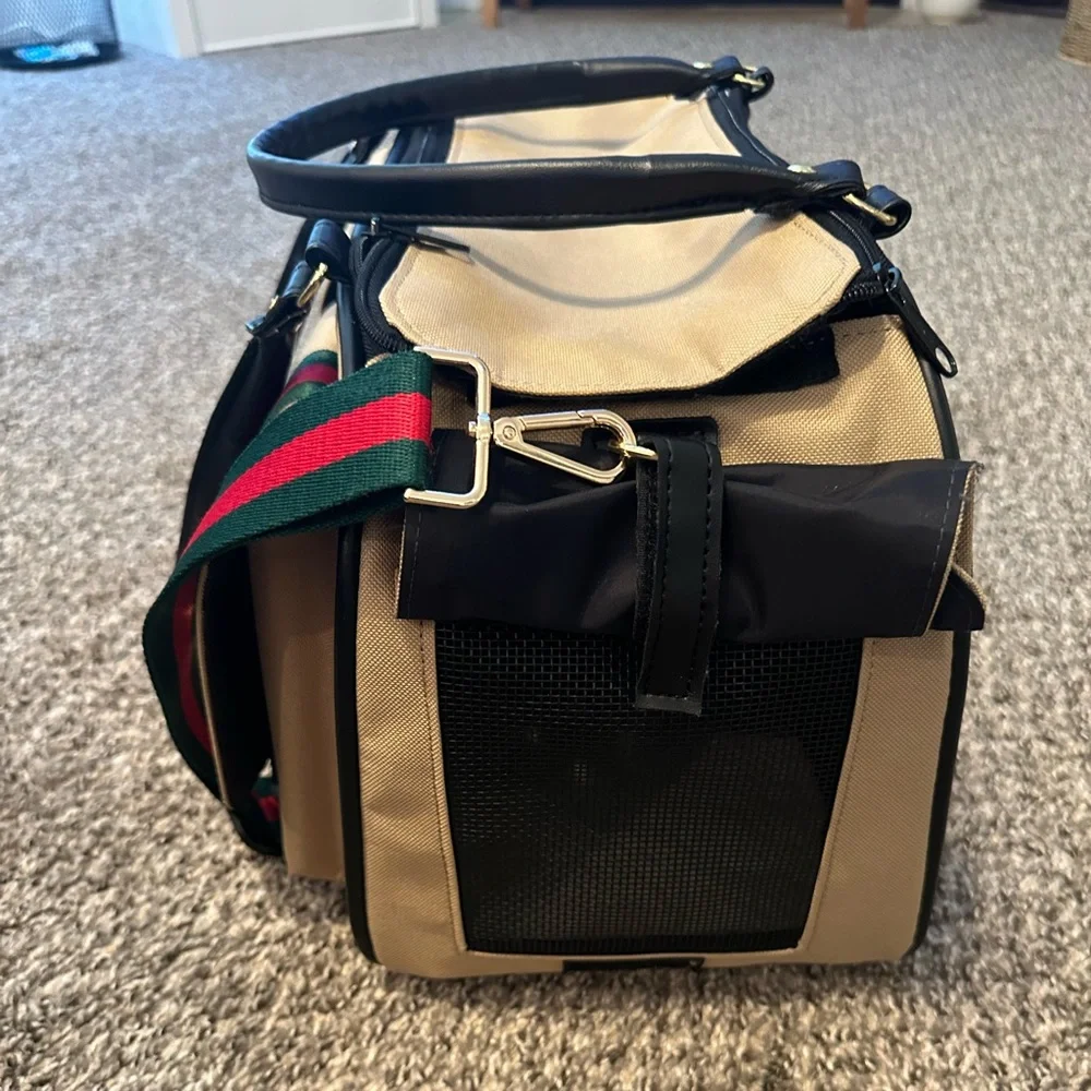 Tan Pet carrier bag with Striped Accents.